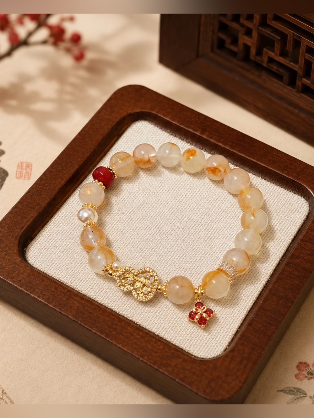 Handmade Yellow Garden Quartz Bracelet | Lucky Gourd Charm & Flower Dangle 10mm